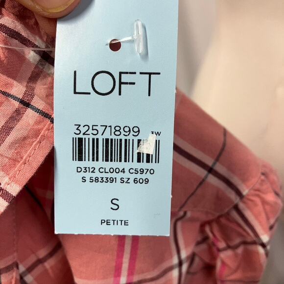 Loft Plaid Ruffle Button Up Blouse Pink Long Sleeve Women SP Preppy Spring‎ New - Picture 11 of 15